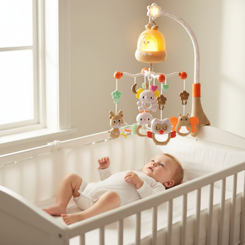 Suspension du mobile bébé musical et lumineux avec doudous animaux doux : ours, éléphant et oiseau endormi.