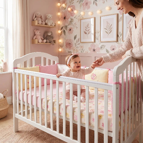 Tour de lit bébé fille rose avec décoration assortie bébé maman 