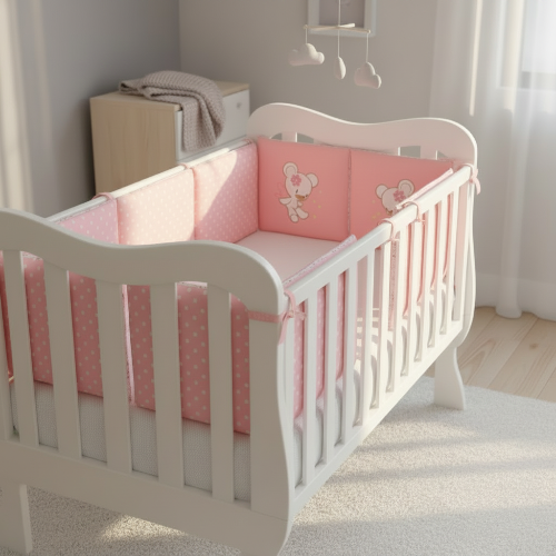 Tour de lit bébé fille rose scandinave fixé aux barreaux du lit de bébé