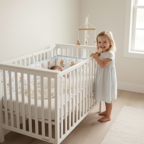 Tour de lit bébé respirant en maille filet avec motifs oursons et étoiles Petite fille debout