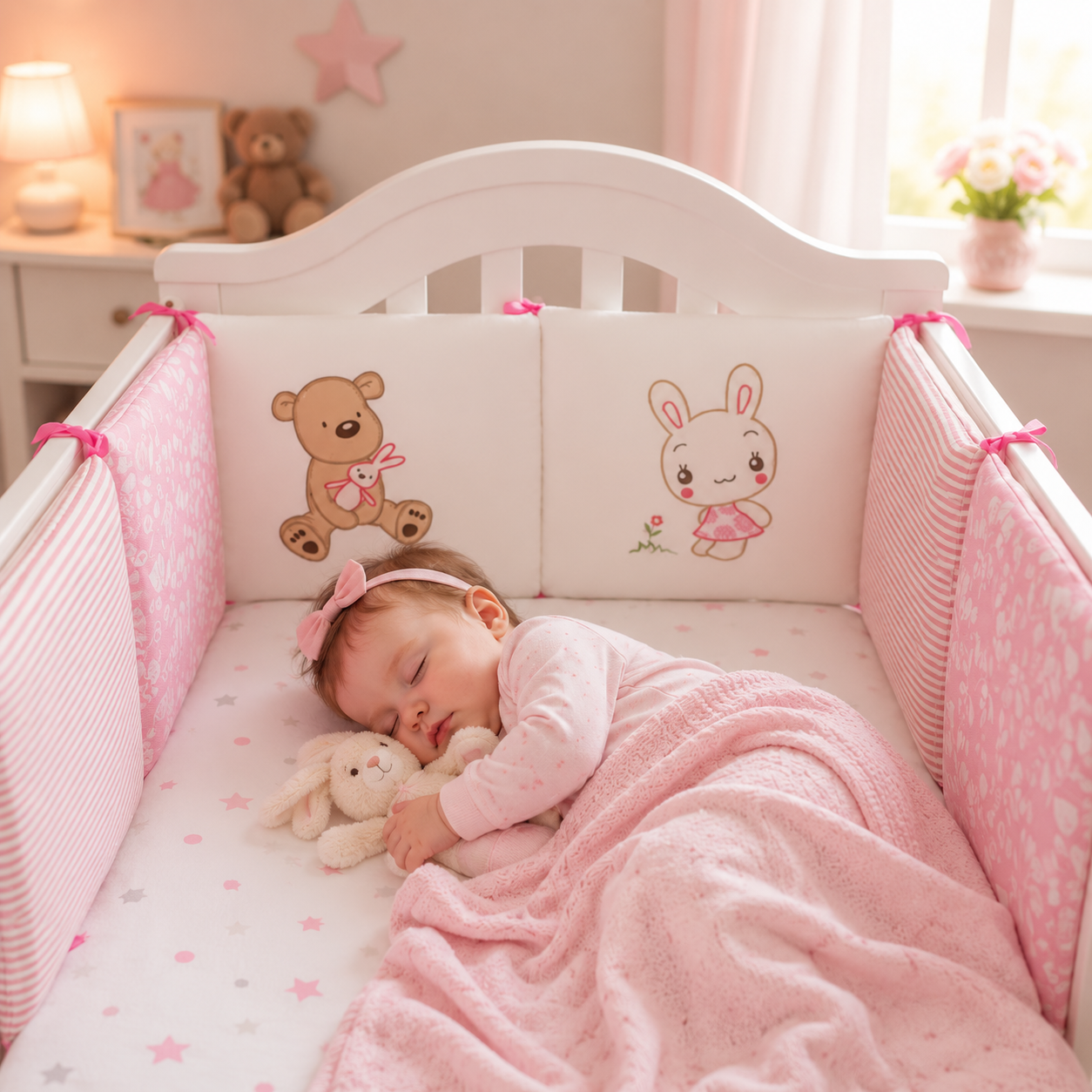 fillette endormie avec un tour de lit bébé fille
