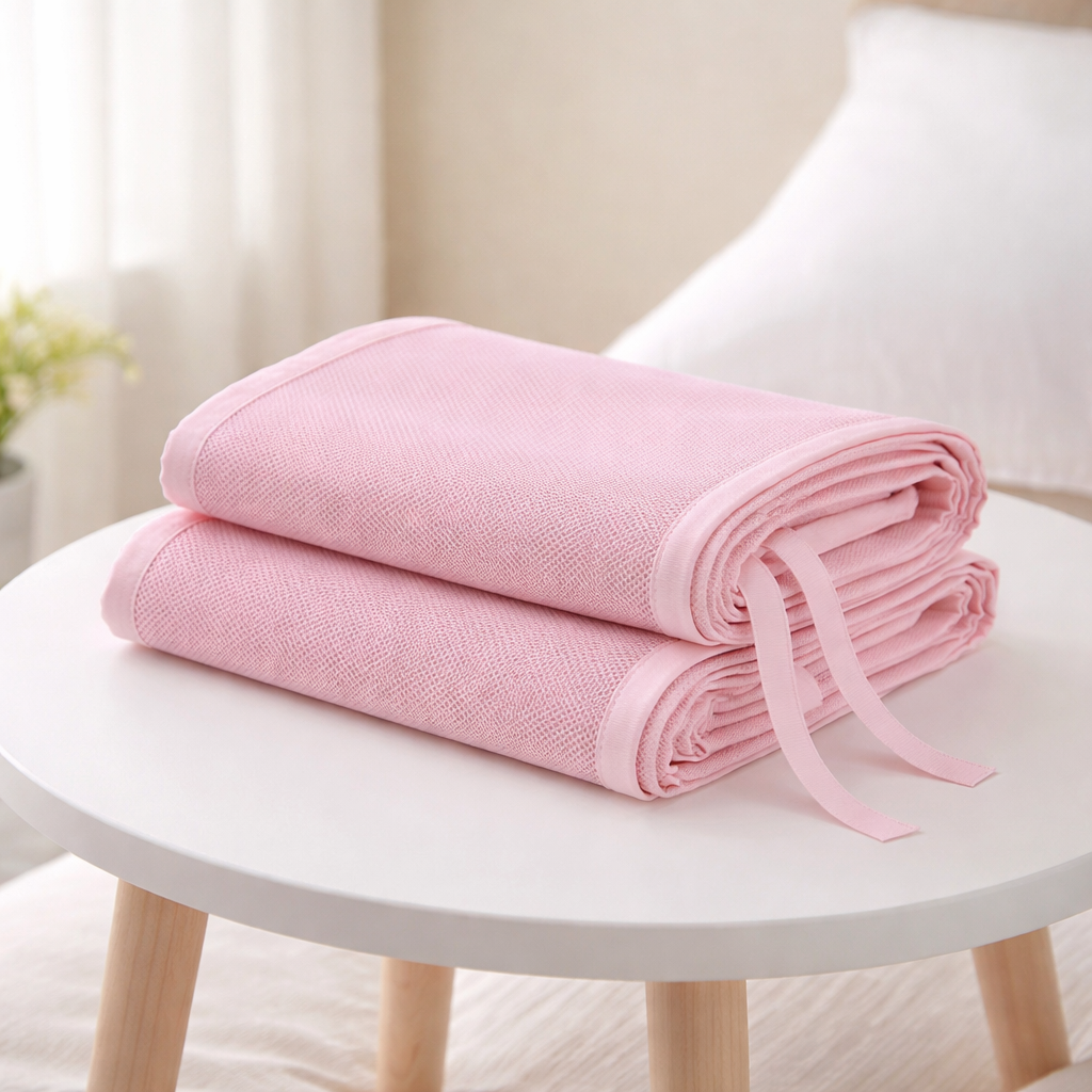 Tour de lit en maille rose plié sur une table