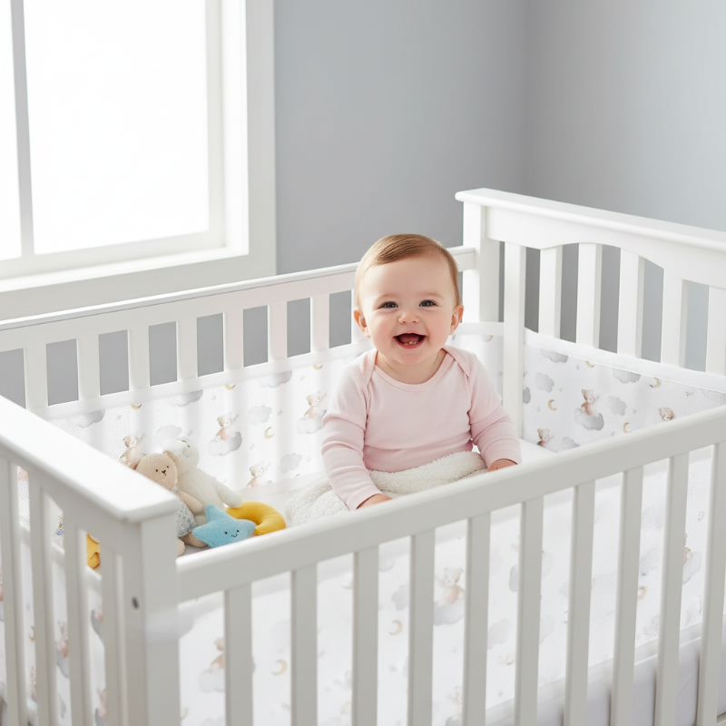 Tour de lit motif oursons, nuages et lunes bébé souriant