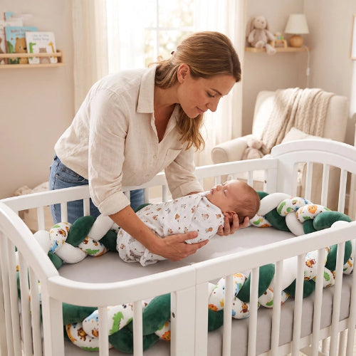 Tour de lit tressé 3m formant une barrière moelleuse contre les barreaux du lit bébé maman bébé