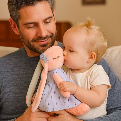 Un bébé tient une peluche lapin bleu et lui donne un bisou pendant qu’un adulte la tient dans ses bras.