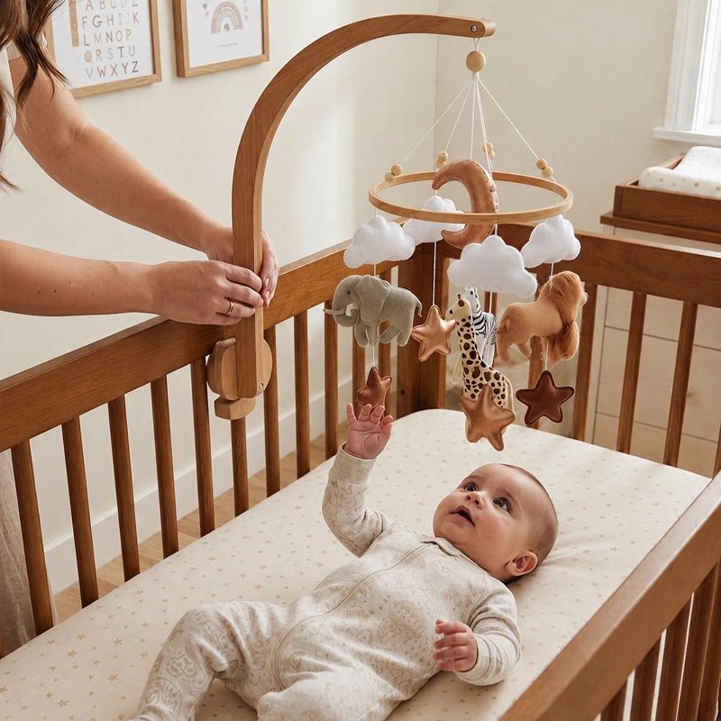 Zoom sur le mobile bébé bois animaux et feuilles
