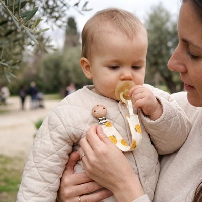 Attache tetine clip de fixation universelle maman tenant son bébé