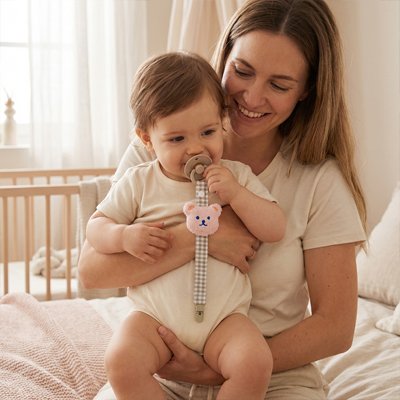 Attache tetine  tissu à carreaux ours Rose