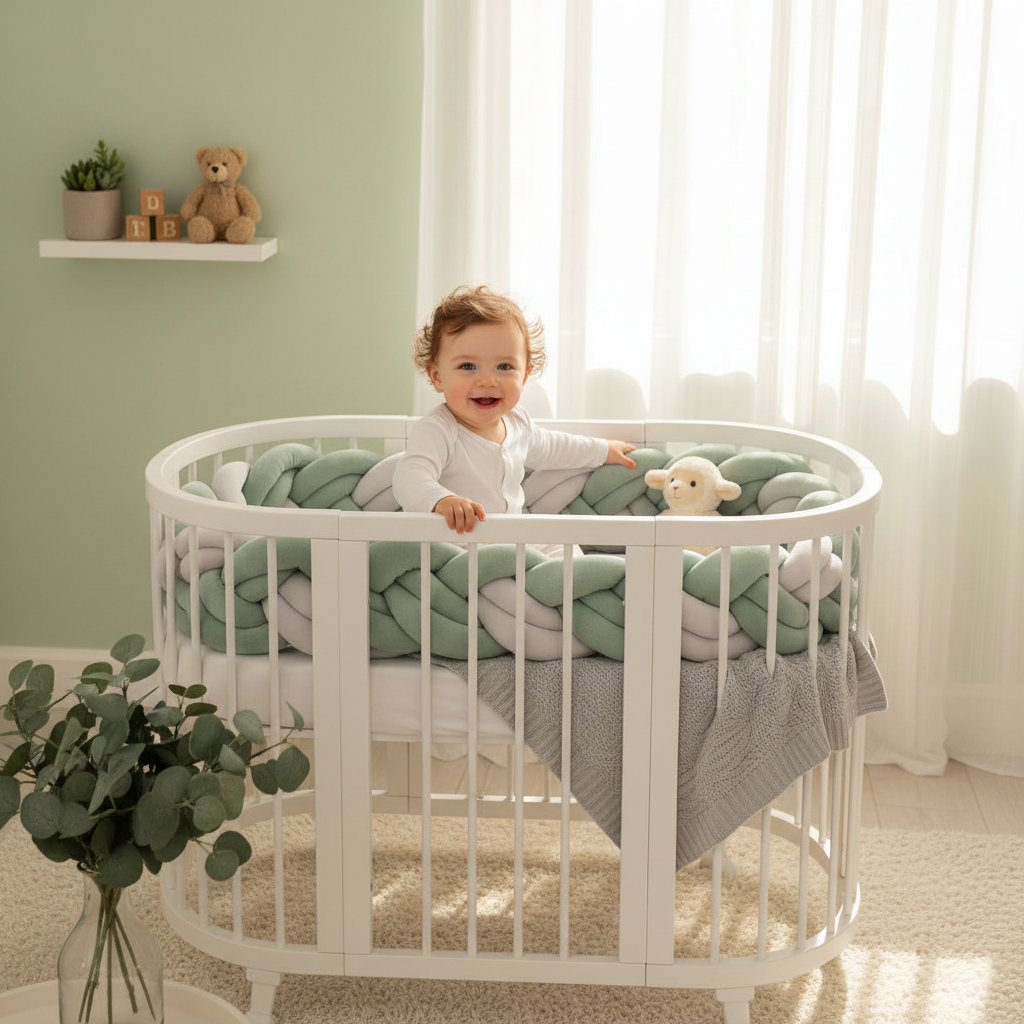 Bébé assis dans lit ovale tresse vert sauge