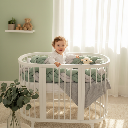 Bébé assis dans lit ovale tresse vert sauge