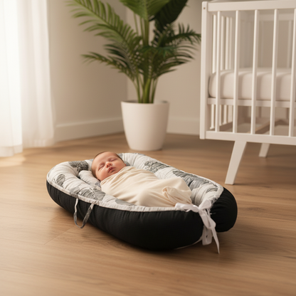 Bébé dormant dans nid bébé motif feuilles tropicales grises sur parquet