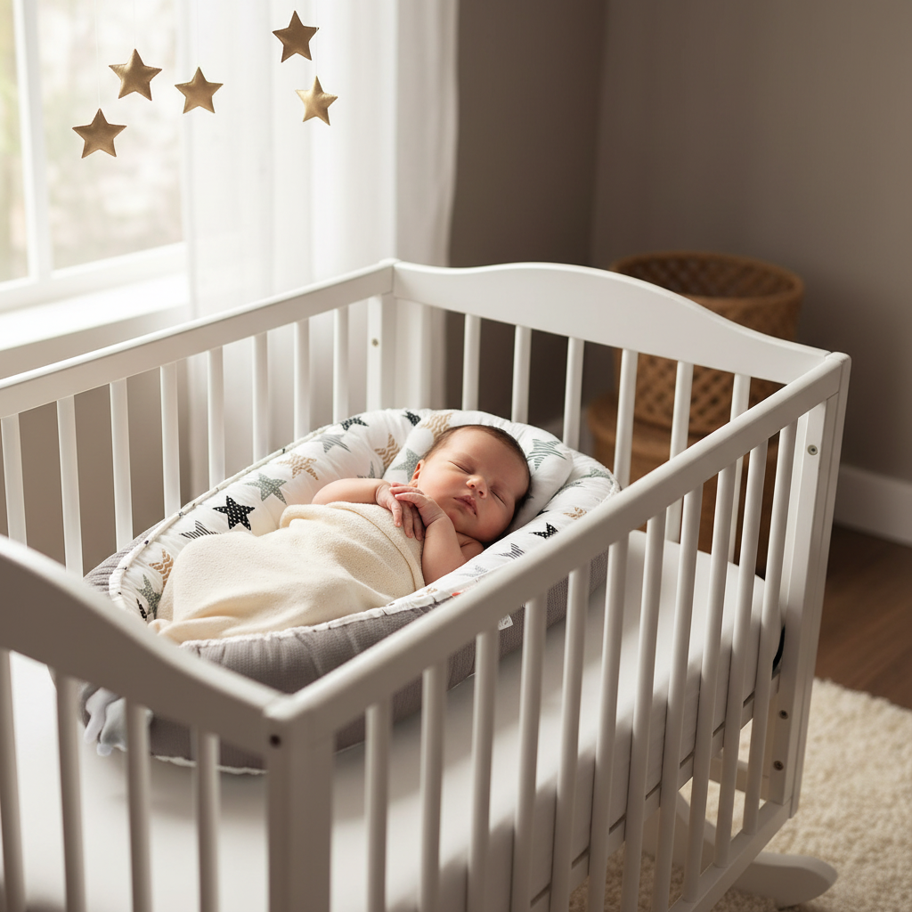 Bébé dormant dans réducteur de lit respirant motif étoiles