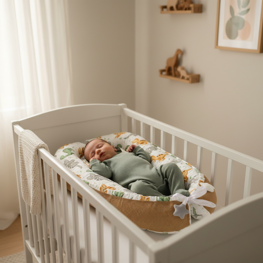 Bébé dormant dans réducteur évolutif  dinosaures dans lit blanc