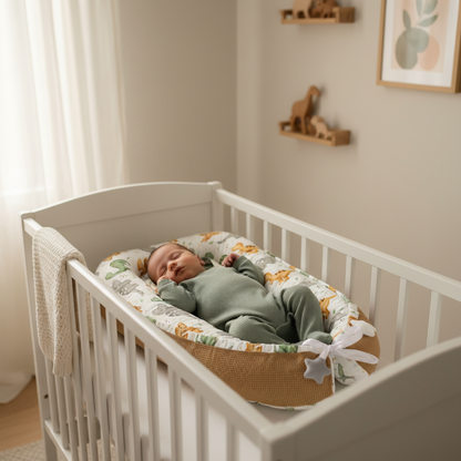 Bébé dormant dans réducteur évolutif  dinosaures dans lit blanc