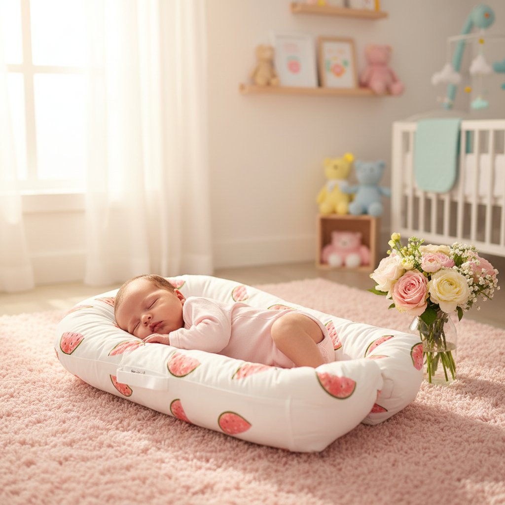Bébé dormant dans réducteur pastèque sur tapis rose