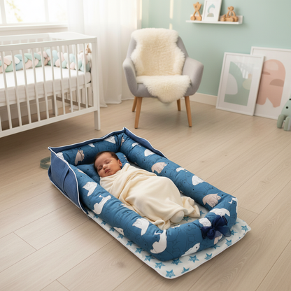 Bébé dort dans le réducteur bleu