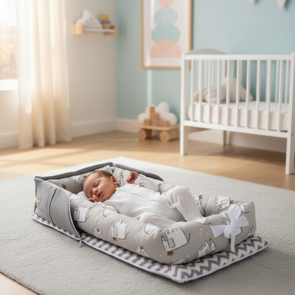 Bébé dort dans le réducteur gris