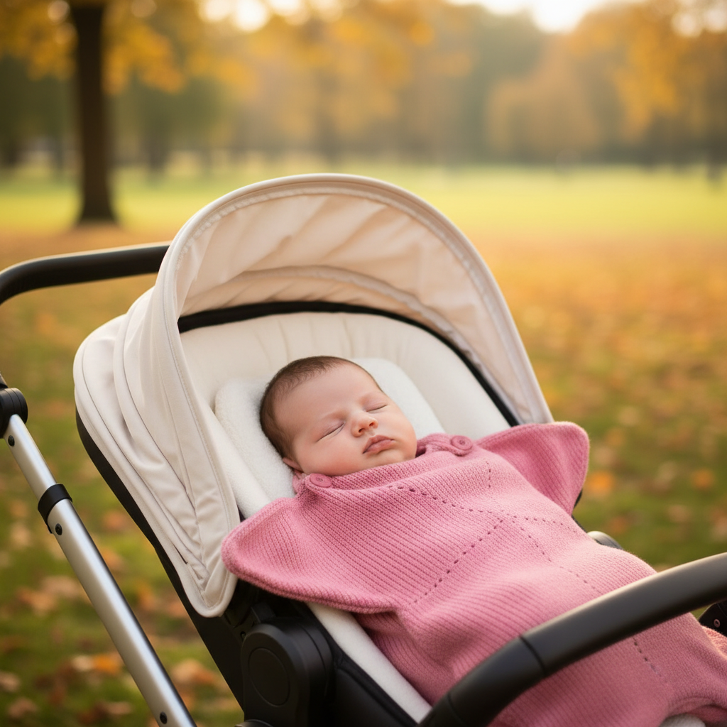 Bébé fille en poussette avec couverture étoile rose