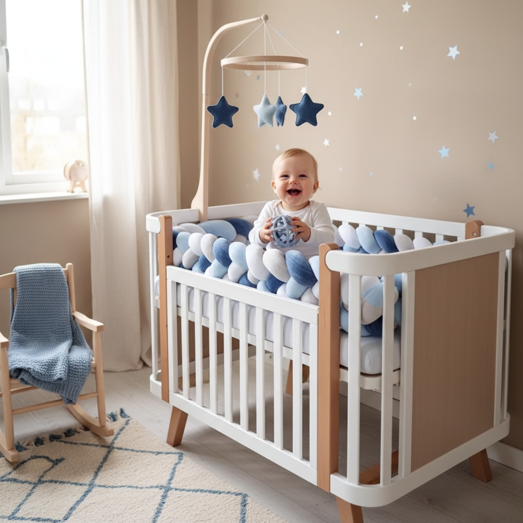 Bébé jouant dans le lit beige avec tour tressé et mobile bleu