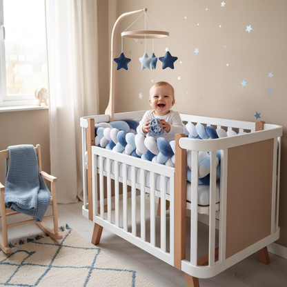 Bébé jouant dans le lit beige avec tour tressé et mobile bleu