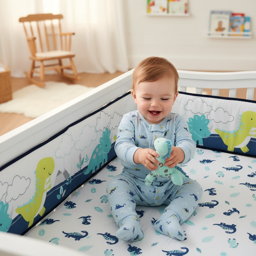 Bébé jouant dans lit tour de lit dinosaures