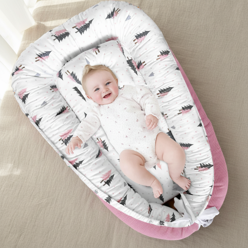 Bébé fille souriante allongée dans le réducteur de lit évolutif motif sapins roses, sur fond naturel lin