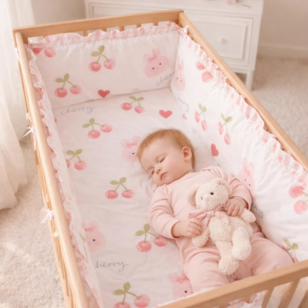 bébé allongé dans un lit avec tour de lit cerises