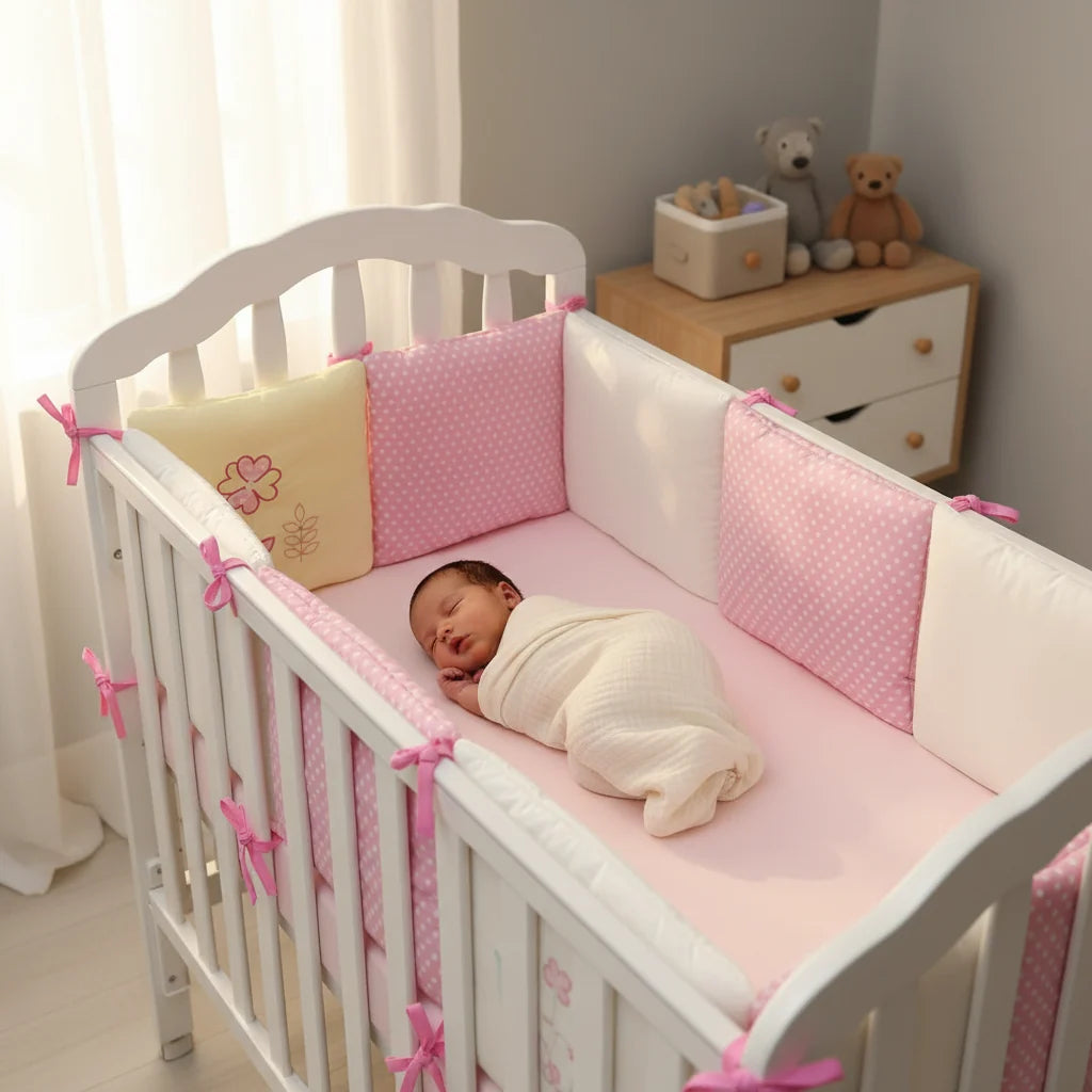 bébé dans son lit avec tour de lit fille rose