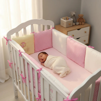 bébé dans son lit avec tour de lit fille rose
