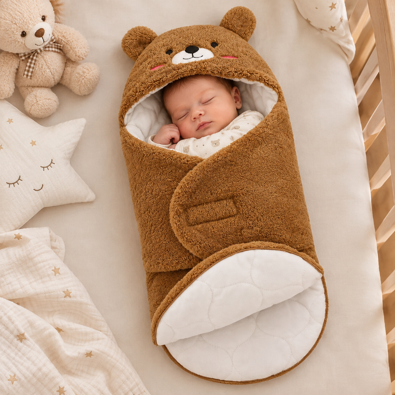 bébé dans son nid d'ange polaire marron