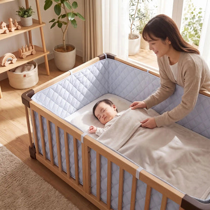 bébé endormi dans un lit avec tour de lit gaze de coton
