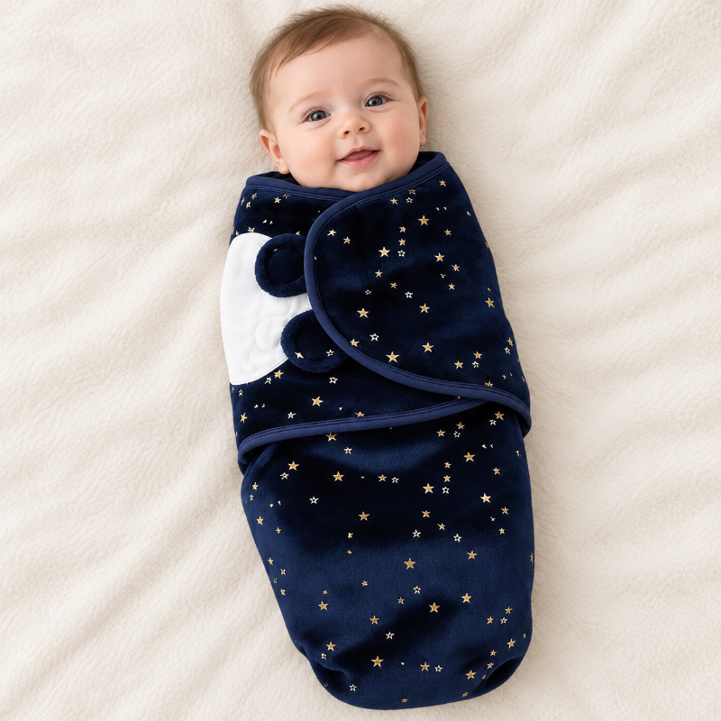 bébé portant un Cocon emmaillotage bébé bleu nuit
