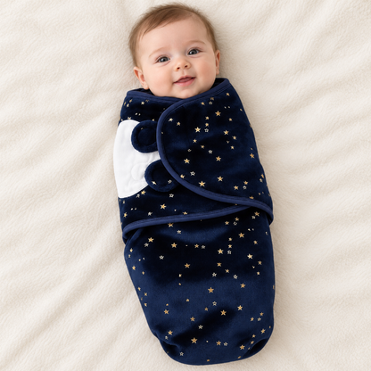 bébé portant un Cocon emmaillotage bébé bleu nuit