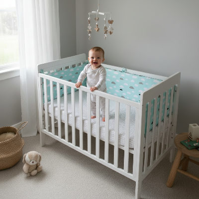 Enfant debout tour de lit bébé nuage bleu