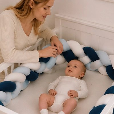 Bébé allongé avec tresse de lit protectrice maman à coté 