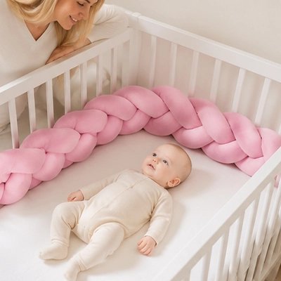 Bébé allongé avec tresse de lit rose
