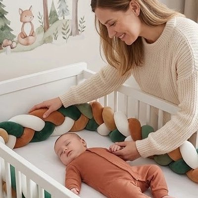 Bébé allongé avec une tresse de lit verte , beige et blanc.