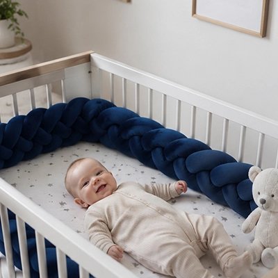 Bébé allongé dans un lit avec tresse de lit tressée bleu 