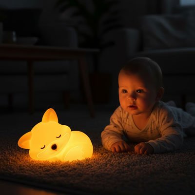 Bébé allongé près d’une veilleuse renard lumineuse dans une chambre sombre