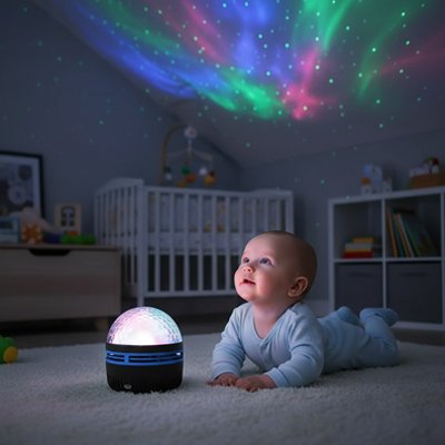 Bébé allongé regardant une veilleuse projection bébé créant un ciel étoilé coloré au plafond.