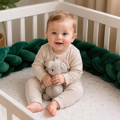 Bébé assis avec la tresse de lit verte 
