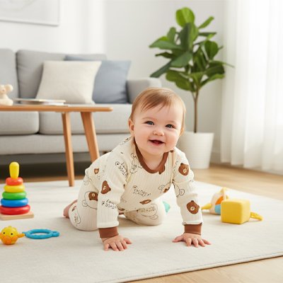 Bébé assis jouant en pyjama bébé beige.