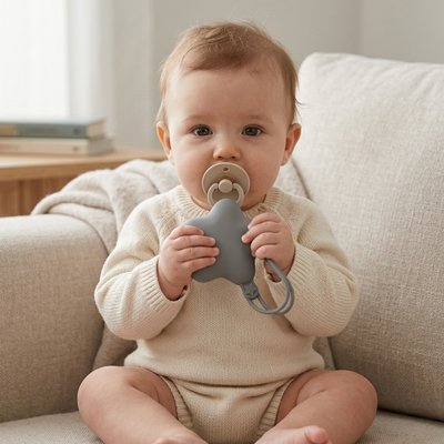 Bebe assis tenant une boite tetine en silicone