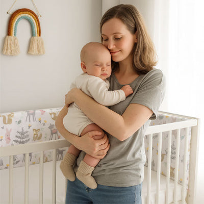 Bébé dans bras-de sa mère avec tour de lit bébé