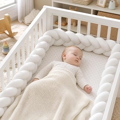 Bébé dormant dans un lit avec tour de lit tressé