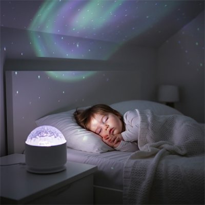 Bébé dormant sous une veilleuse projection diffusant des aurores boréales vertes au plafond
