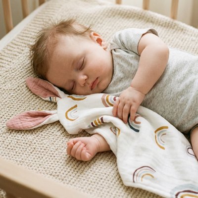 Bébé dort avec doudou d'oreille de lapin ouverte