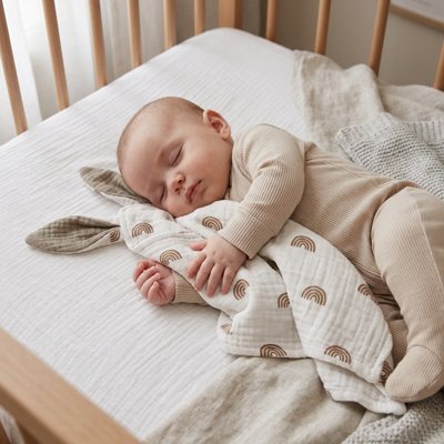 Bébé endormi avec doudou plat à oreilles Lapin