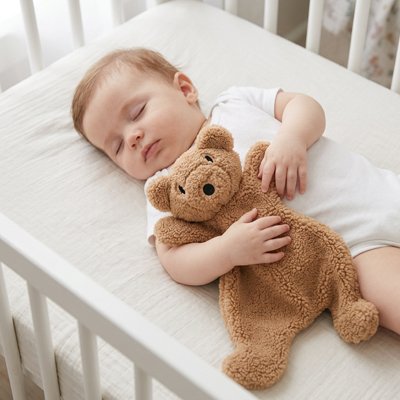Bébé endormi avec un doudou fourrure d'ours marron
