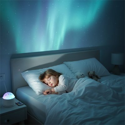 Bébé endormi avec une veilleuse projection bleue créant une ambiance douce et rassurante